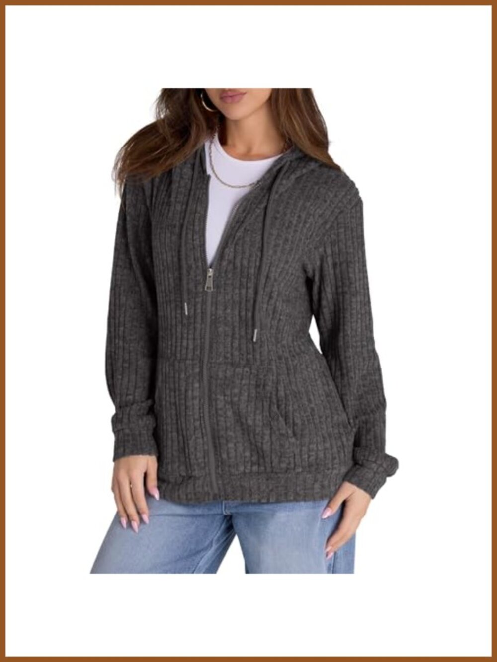 Women Zip Up Hoodie Oversized Lightweight Long Sleeve Ribbed Knit Sweatshirt